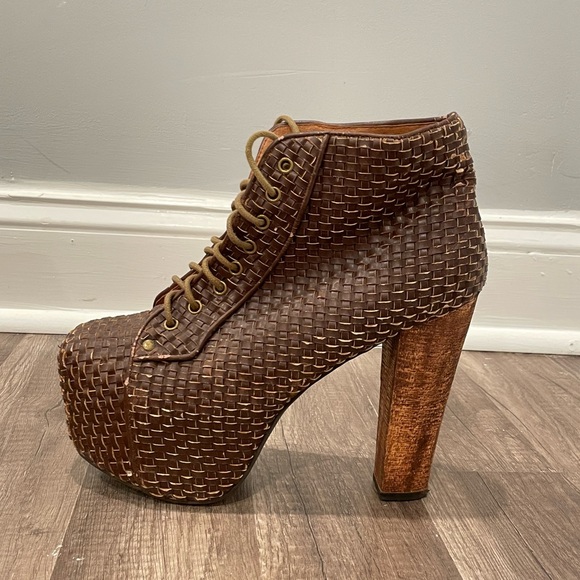 Jeffrey Campbell Shoes - Jeffrey Campbell Lita Brown Woven Block Heel Lace Up Ankle Boots